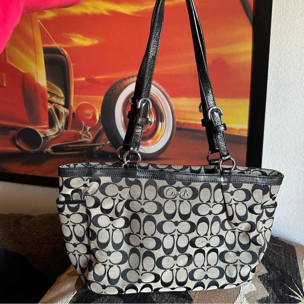 Coach Black and Tan Signature Shoulder Bag